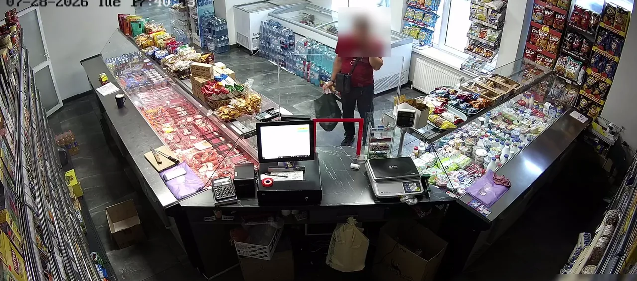 Камера видеонаблюдения в продуктовом магазине: касса и витрины