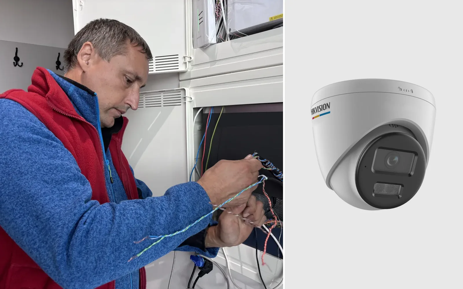 Montatorul verifică cablurile camerelor în dulapul tehnic și camera turelă Hikvision de 6 MP