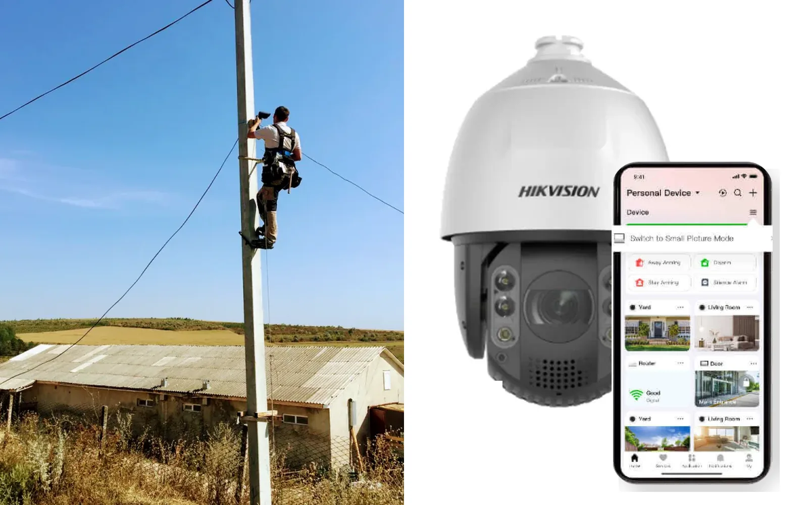 Montaj camere de supraveghere pe stâlp la o fermă, camera speed dome Hikvision și imaginea pe telefon în Hik-Connect